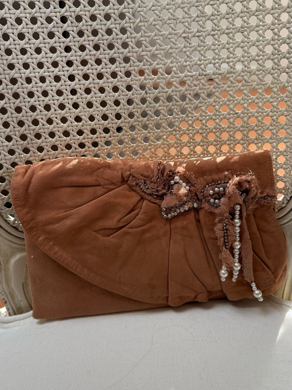 Embellished Dusty Pink Suede Clutch with Pearl Accent